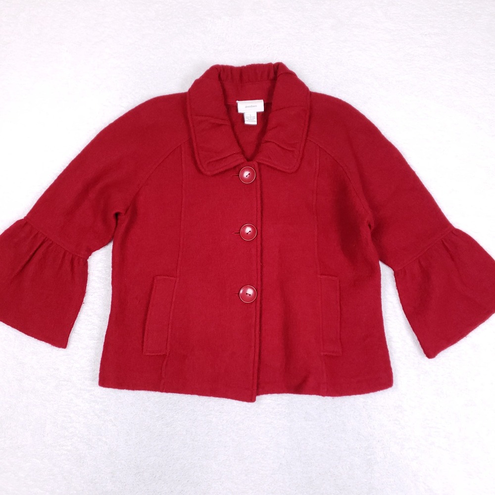 Dressbarn Boiled Wool Jacket Women L Bell Sleeve Red Button Up Pocket Coat VTG